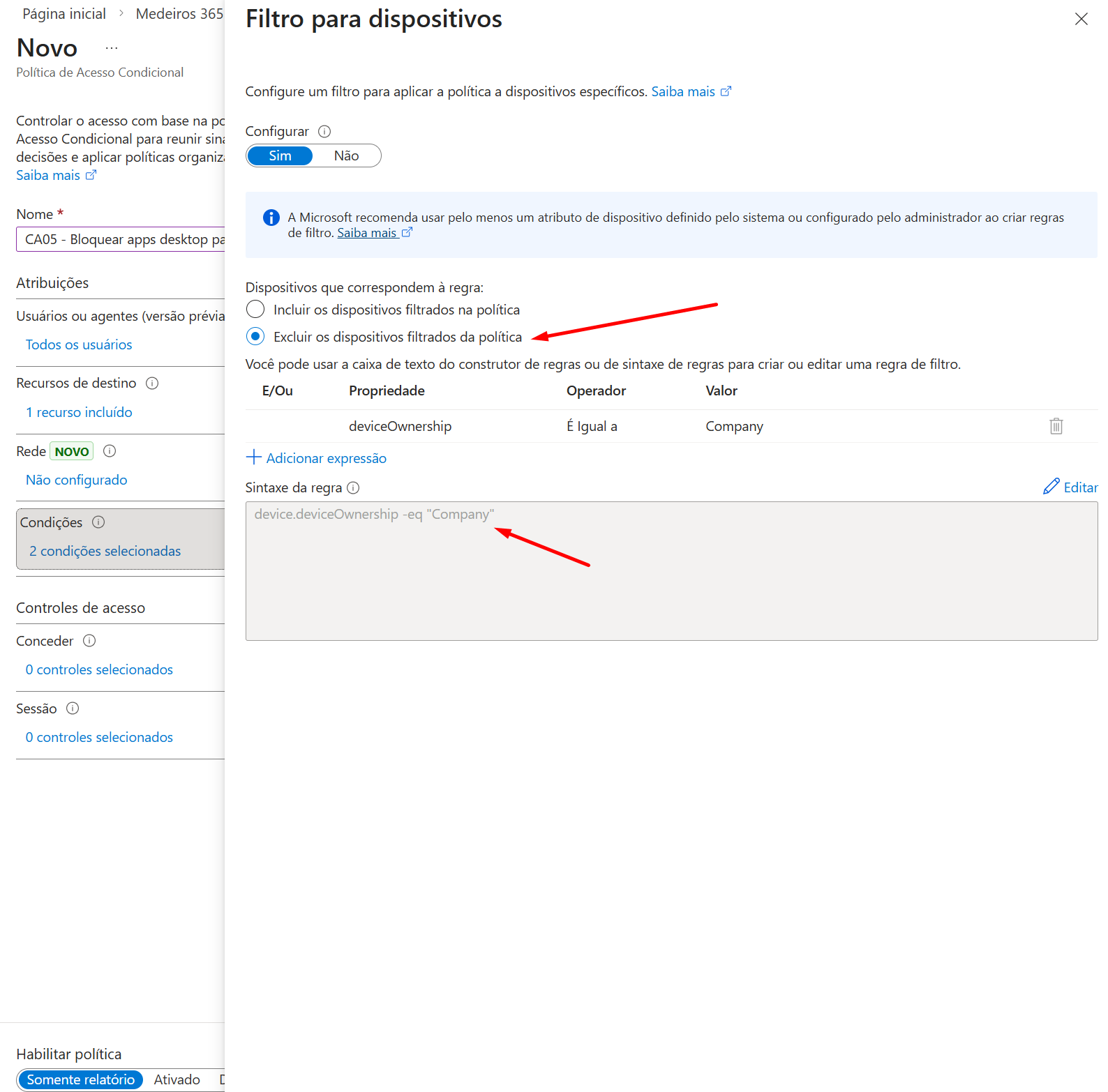 Configuração da política CA05 - Bloquear apps desktop em dispositivos pessoais