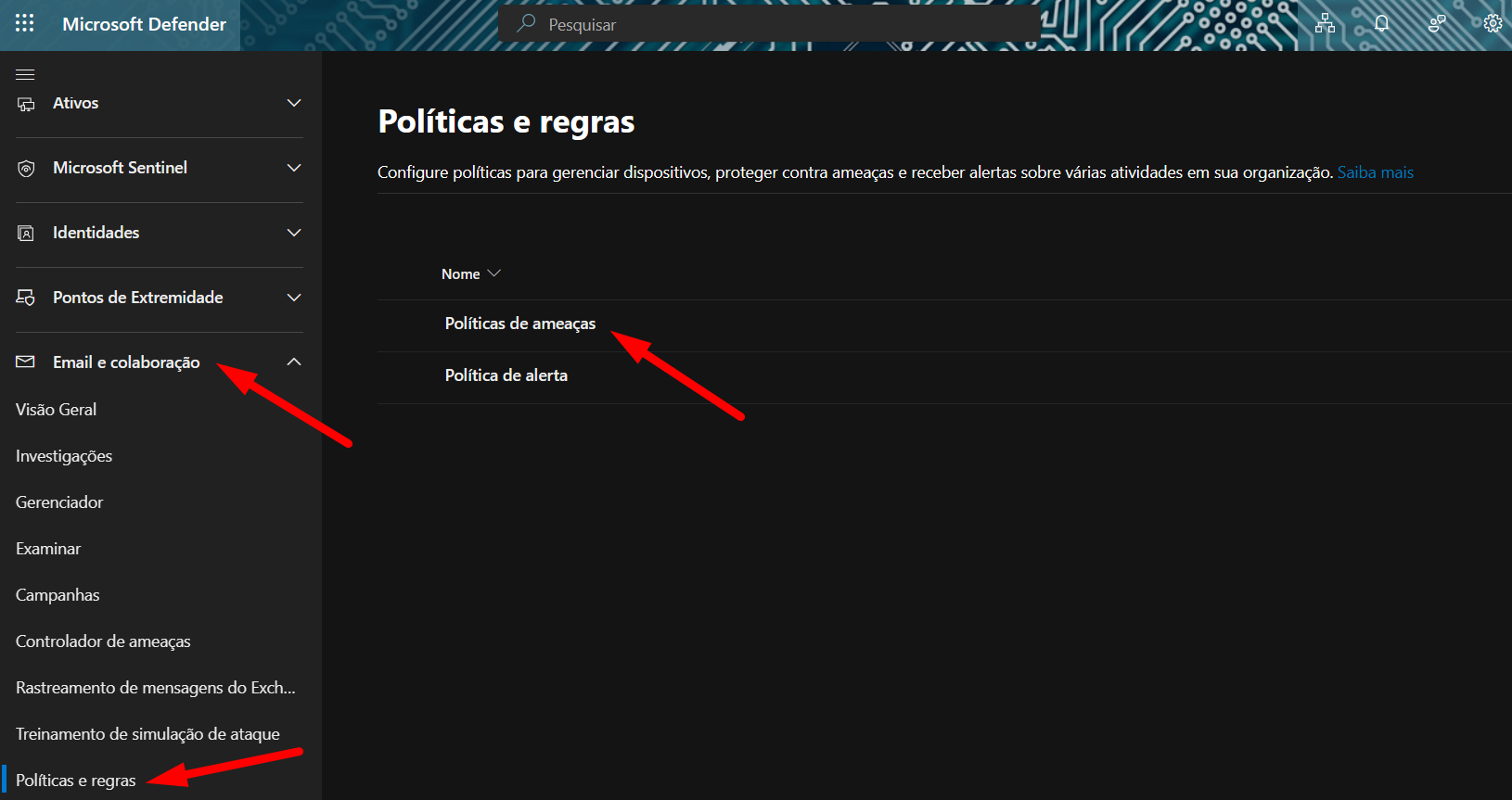 Menu de navegação no portal Microsoft Defender