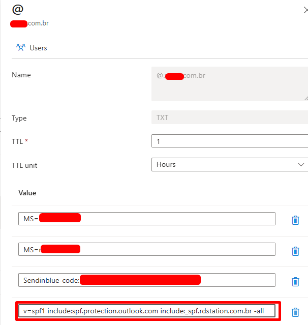 Registro SPF configurado no DNS do Azure